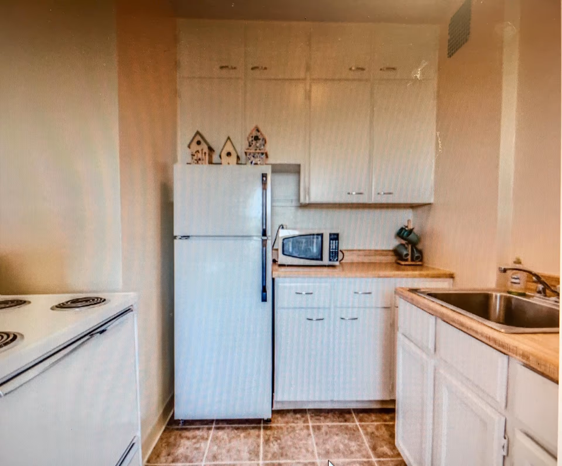 A small kitchen with white cabinets, a white refrigerator, a microwave on the countertop, a stainless steel sink, and an electric stove. There are decorative birdhouses on top of the refrigerator.