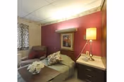 A cozy room with a single bed covered with a green blanket and decorative pillows. Next to the bed is a wooden nightstand with a lamp, a small figurine, and a telephone. A framed picture hangs on the maroon-colored wall above the nightstand. There is a comfortable armchair with a pillow near a window with patterned curtains.