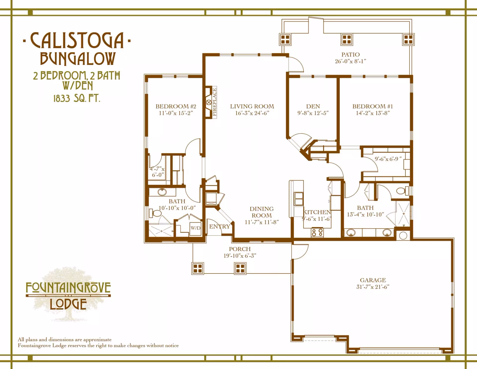 Floor plan of Calistoga Bungalow at Fountaingrove Lodge showing a 2 bedroom, 2 bath layout with a den, living room, dining room, kitchen, porch, patio, and garage. Dimensions for each room are included.