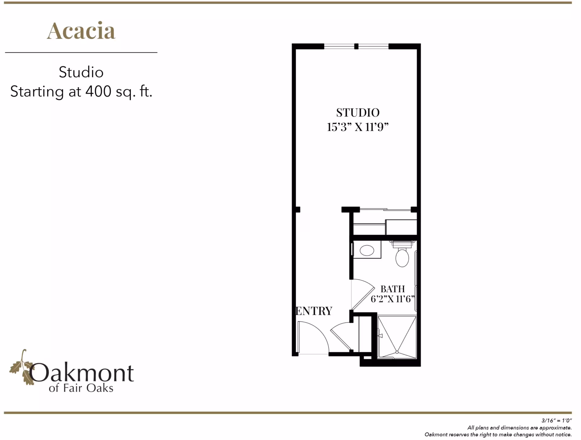 Floor plan of a studio apartment named Acacia at Oakmont of Fair Oaks, showing a studio area measuring 15 feet 3 inches by 11 feet 9 inches, an entryway, and a bathroom measuring 6 feet 2 inches by 11 feet 6 inches. The plan indicates the layout of the studio and bathroom spaces.