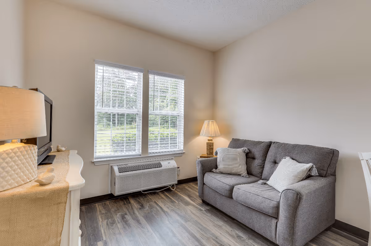 A small living room with a gray couch adorned with two white pillows, a side table with a lamp, a window with white blinds showing greenery outside, a white dresser with a lamp and a TV on top, and wood-patterned flooring.
