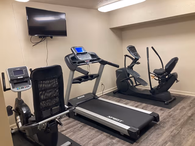 Small indoor fitness room with three exercise machines including a recumbent bike, a treadmill, and an elliptical trainer. A flat-screen TV is mounted on the wall above the treadmill. The room has beige walls and wood-patterned flooring.