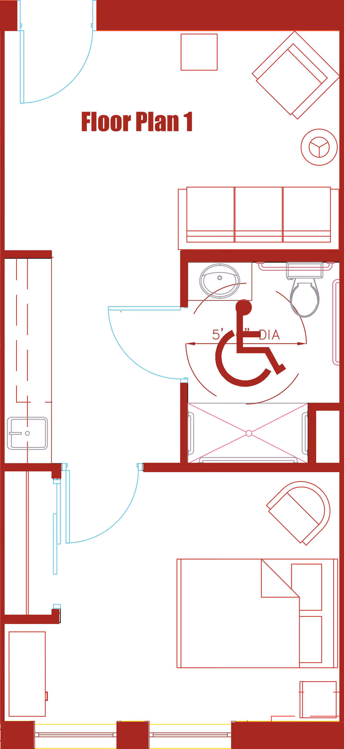 Floor plan layout of an assisted living unit showing a living area with a sofa and chair, a bathroom with accessibility features including a wheelchair turning radius, a kitchen area with a sink, and a bedroom with a bed and chair.