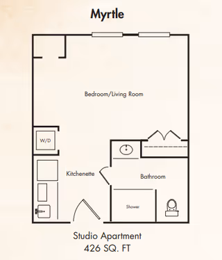 Floor plan of a studio apartment named Myrtle at The Verandah Retirement Community, showing a combined bedroom and living room area, a kitchenette, a bathroom with a shower and toilet, and a washer/dryer unit. The total area is 426 square feet.
