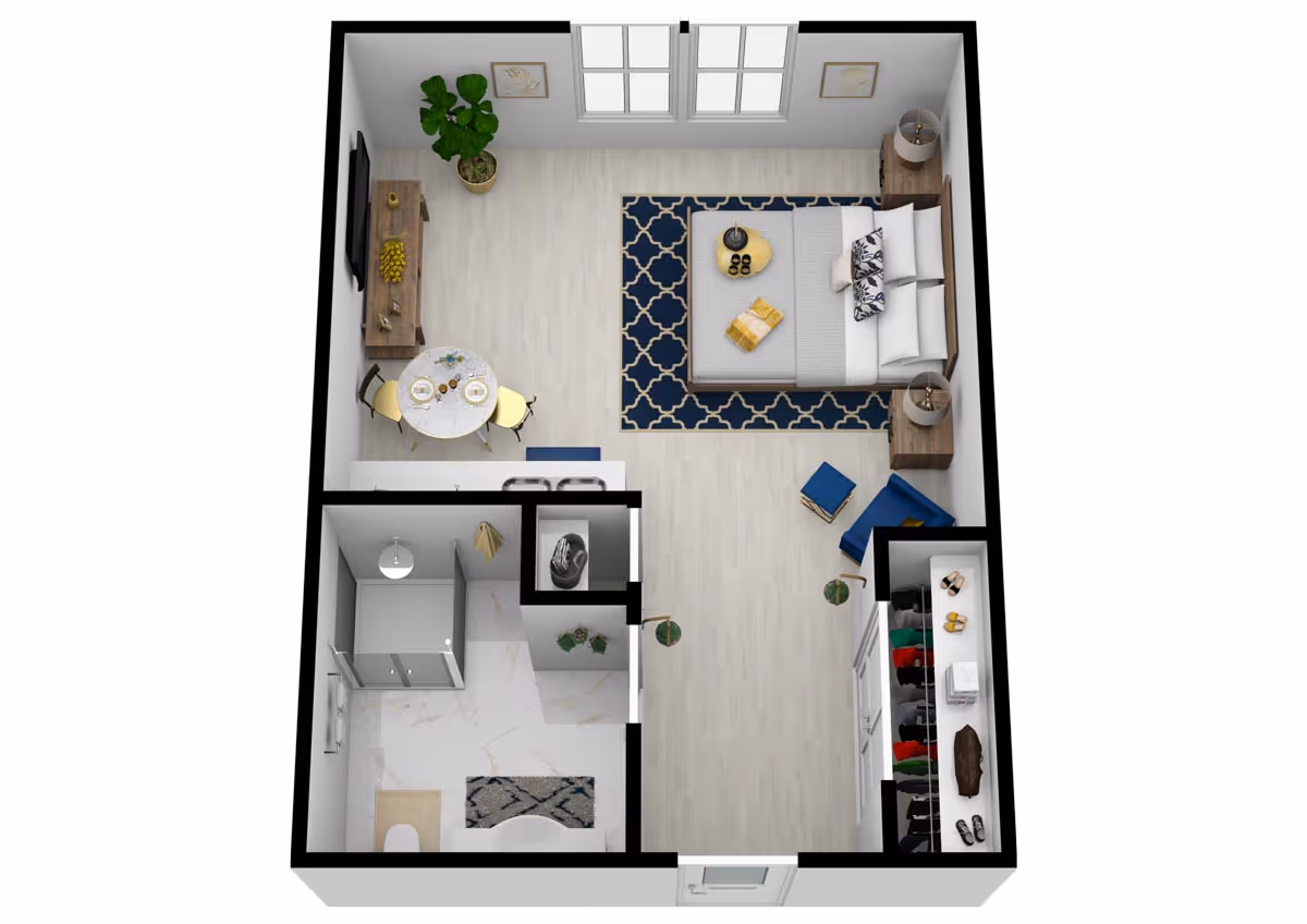 Top-down view of a studio apartment layout featuring a bedroom area with a bed, nightstands, and a blue patterned rug. Adjacent to the bed is a small sitting area with a blue chair and ottoman. A round dining table with two chairs is positioned near a TV stand with a television and a potted plant. The apartment also includes a bathroom with a shower, toilet, and sink, and a closet area with shelves and hanging clothes.