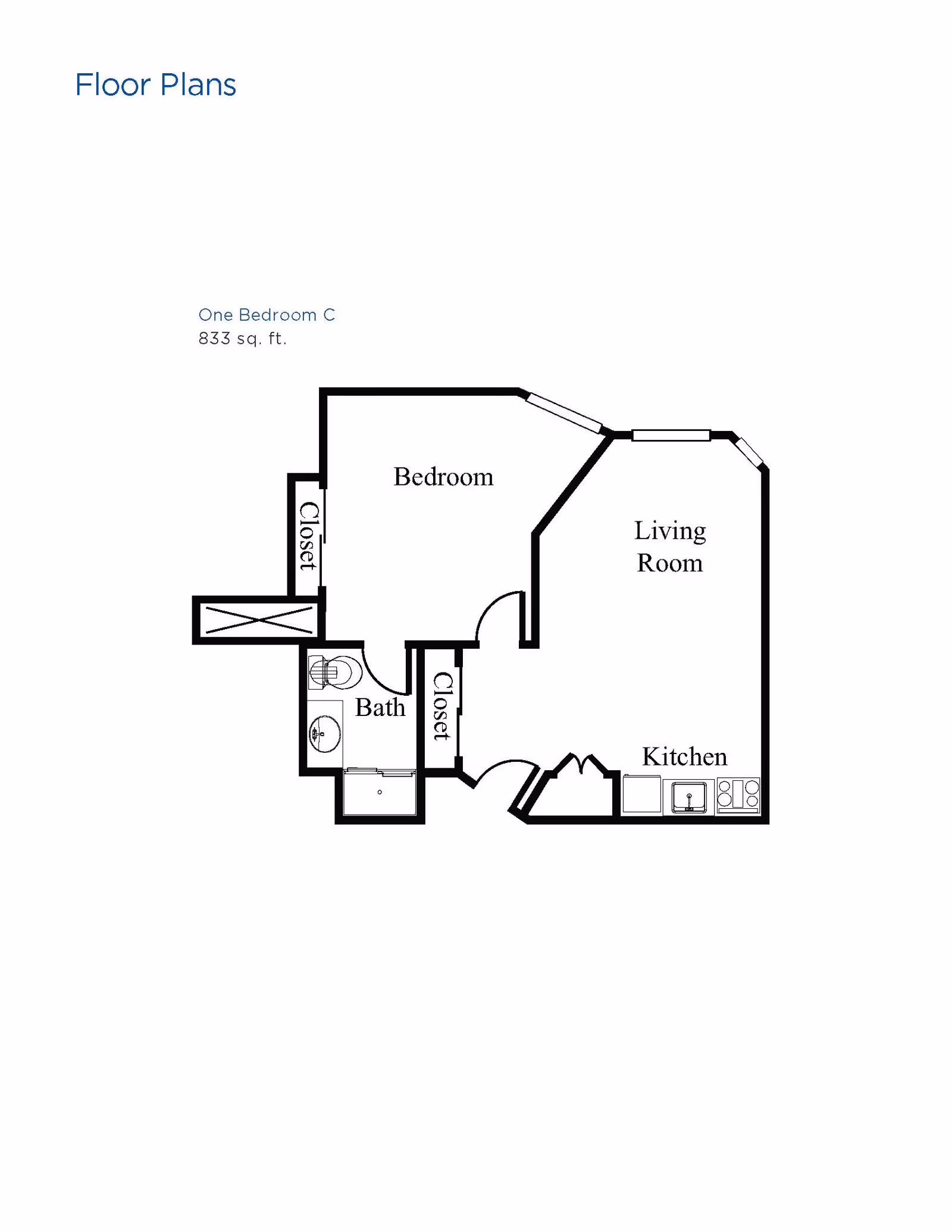 Floor plan of a one-bedroom apartment labeled One Bedroom C with 833 sq. ft. It includes a bedroom, living room, kitchen, bathroom, and two closets.