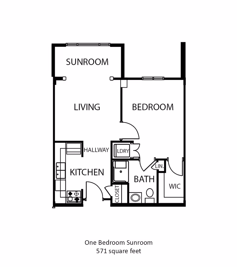 Floor plan of a one-bedroom sunroom apartment with 571 square feet. The layout includes a sunroom connected to the living area, a bedroom with a walk-in closet (WIC), a bathroom with a linen closet (LIN), a laundry area (LDRY), a kitchen, a hallway, and a closet near the bathroom.