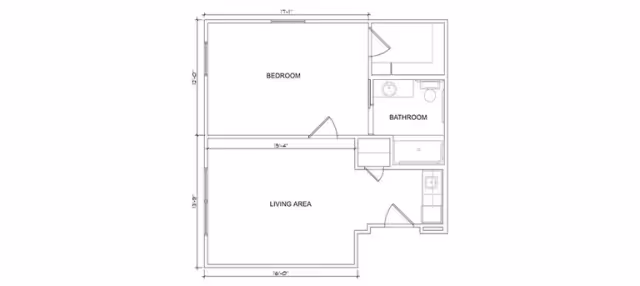 Architectural floor plan showing a layout with a bedroom, bathroom, and living area. The bedroom is adjacent to the bathroom, which includes a sink, toilet, and bathtub. The living area is spacious and connected to the entrance and kitchen area.