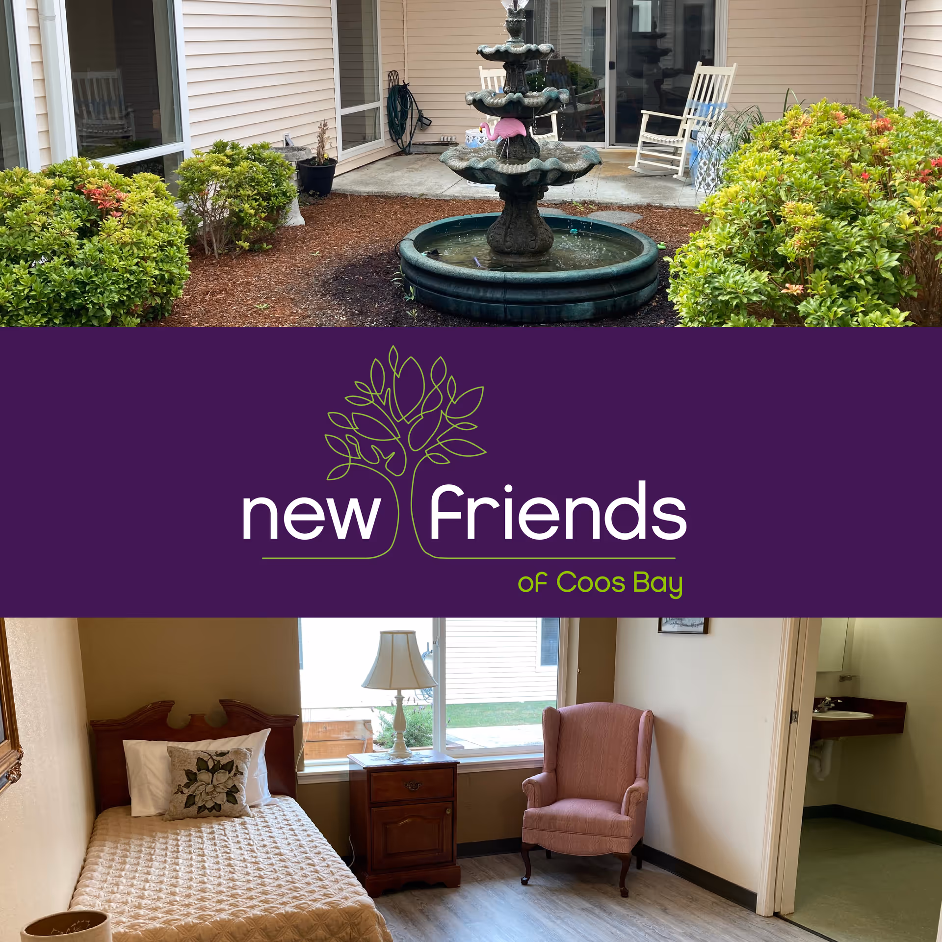 A collage image showing an outdoor courtyard with a tiered water fountain surrounded by green bushes and two white rocking chairs on a concrete patio. Below is a cozy bedroom with a single bed, a wooden nightstand with a lamp, a pink upholstered armchair, and a window with a view outside. There is also a partial view of a bathroom sink area. The center of the image features a purple banner with a tree logo and the text 'new friends of Coos Bay'.