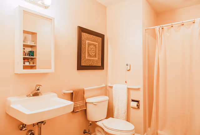 A clean bathroom with a white sink, a toilet, a shower with a beige curtain, a wall-mounted mirror cabinet, a framed decorative artwork, and two towels hanging on grab bars.