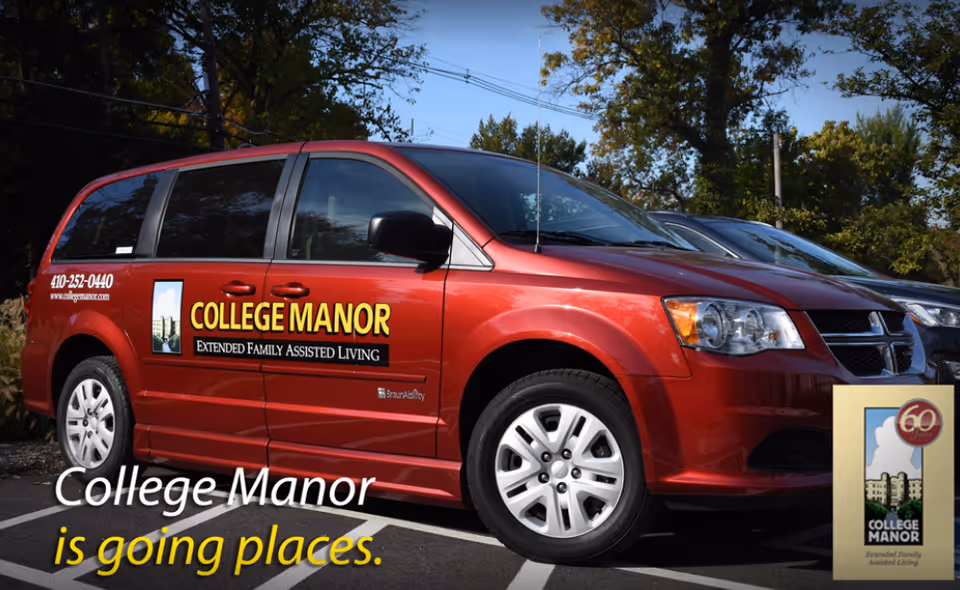 A red College Manor branded van parked in a lot with promotional text overlaid.