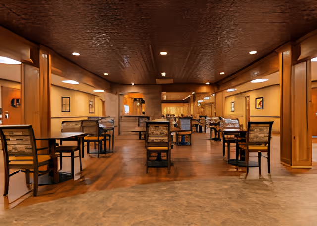 Spacious dining room with multiple tables and chairs and warm wood-toned decor.