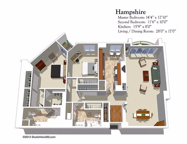 3D floor plan of Hampshire apartment at The Stratford showing a master bedroom, second bedroom, kitchen, living and dining room, and two bathrooms with dimensions labeled.