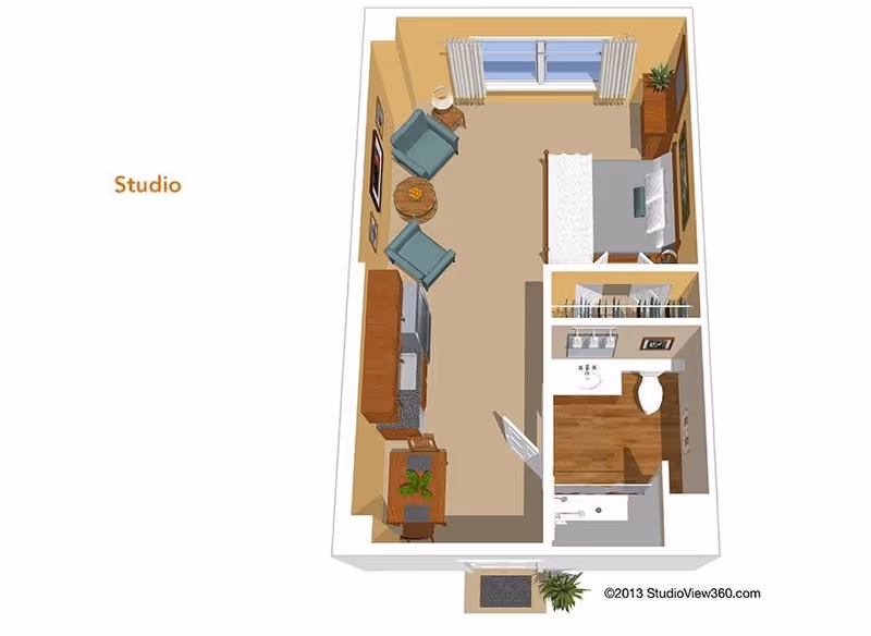 3D floor plan of a studio apartment featuring a combined living and sleeping area with a bed, two armchairs, a round table, a dresser, and a window with curtains. The kitchen area includes cabinetry, a refrigerator, and a sink. There is a separate bathroom with a sink, toilet, and shower. A small entryway with a plant is also visible.