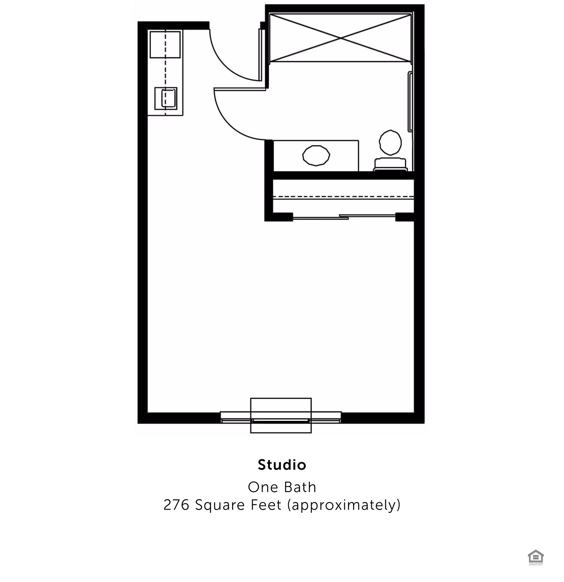 Black-and-white floor plan of a small studio apartment showing an entry, kitchenette, bathroom, closet, and main living area.