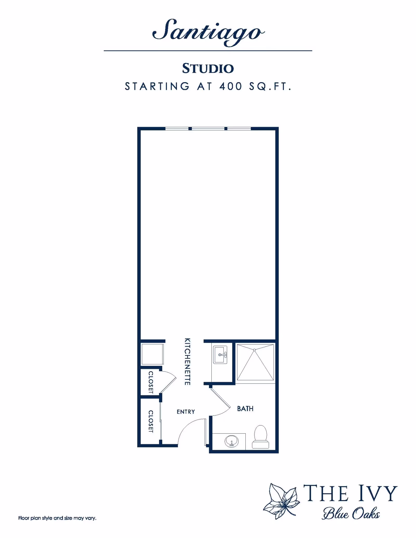 Studio floor plan titled "Santiago" showing an entry, kitchenette, two closets, a bathroom, and a large open living area.
