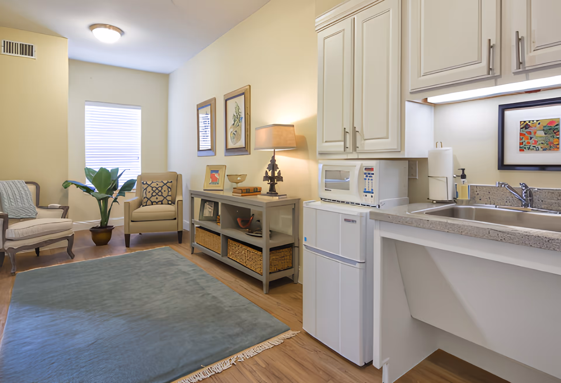 Bright sitting area with armchairs, a console table and rug alongside a small kitchenette with sink and appliances.
