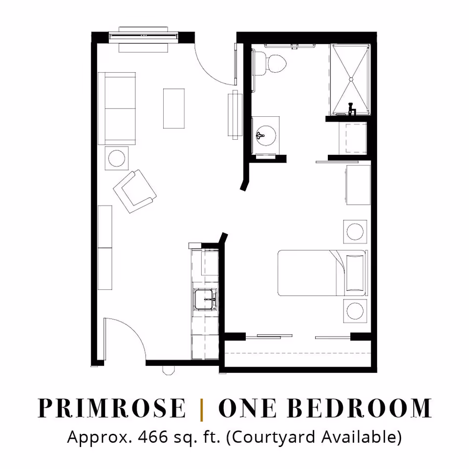 Architectural floor plan of a one-bedroom unit named Primrose, approximately 466 square feet, showing a living area with sofa and chair, a kitchen with sink, a bedroom with bed and nightstands, and a bathroom with toilet, sink, and shower.