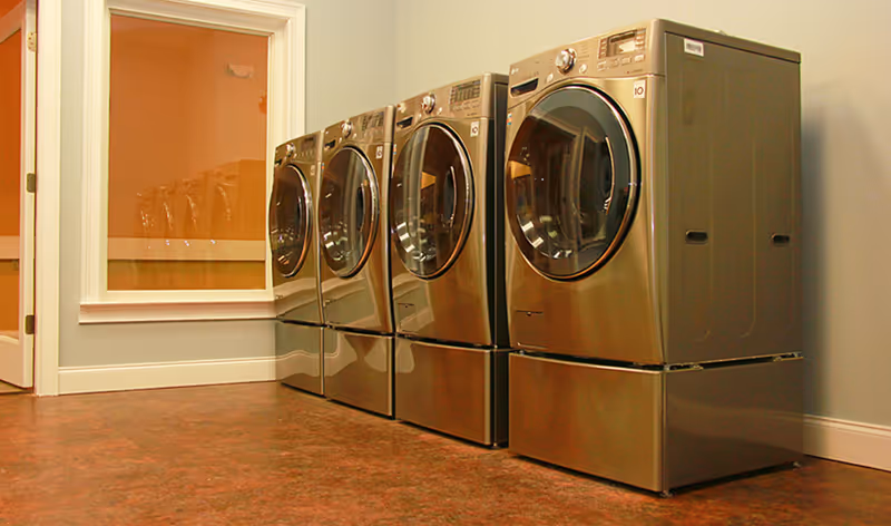 A row of stainless steel front-loading washing machines in a laundry room with a window and door.