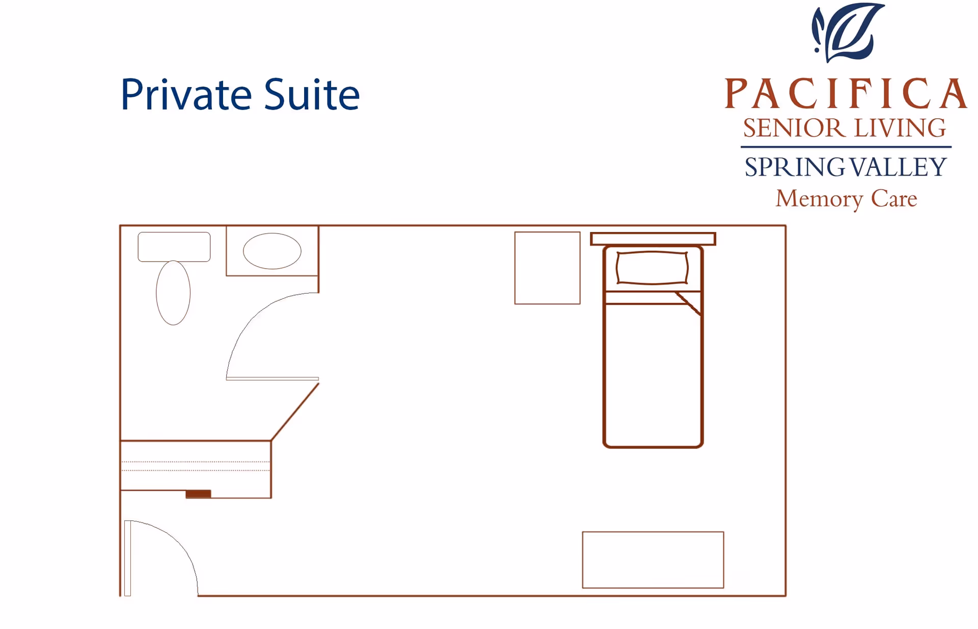 Simplified floor plan of a private memory care suite showing a bed, bedside table, bathroom, and other furniture labeled "Private Suite".