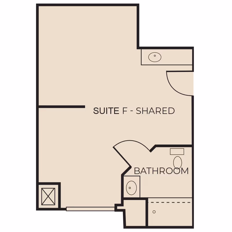Floor plan layout of Suite F - Shared at The Gables of Jacksonville, showing a main living area, a bathroom with a sink, toilet, and shower, and an additional sink area outside the bathroom.