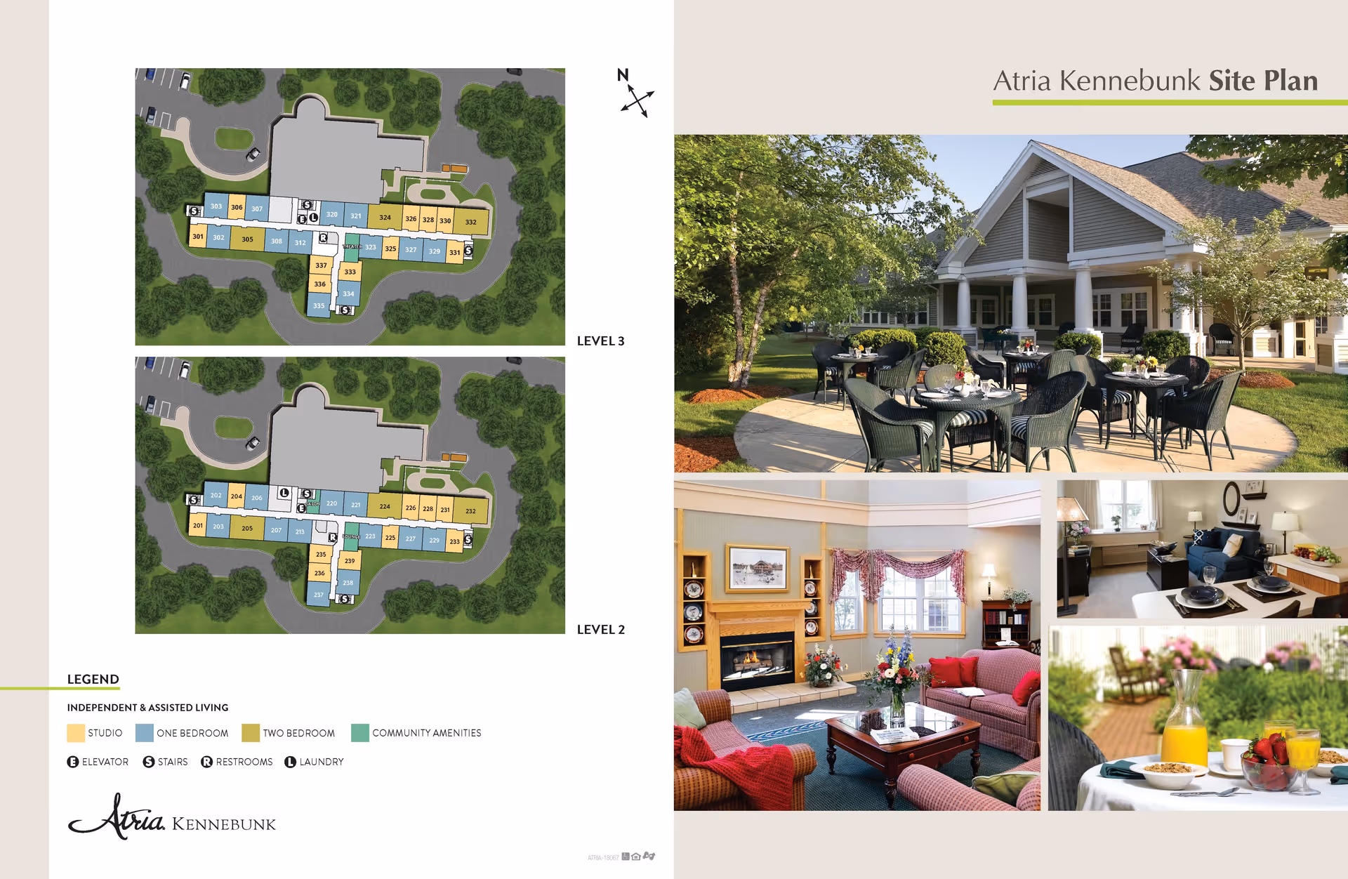 Atria Kennebunk site plan showing floor layouts for Level 2 and Level 3 with color-coded units for studio, one-bedroom, two-bedroom, and community amenities. The right side features four images: an outdoor patio with tables and chairs, a cozy living room with a fireplace and seating, a modern living area with a sofa and dining table, and a close-up of a breakfast table with orange juice, strawberries, and cereal outdoors.