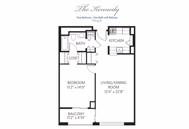 Floor plan titled The Kennedy showing a one-bedroom, one-bath apartment with a balcony. The layout includes a bedroom measuring 11 feet 2 inches by 14 feet, a bathroom, a closet, a kitchen, a living/dining room measuring 12 feet 4 inches by 22 feet 8 inches, and a balcony measuring 11 feet 2 inches by 4 feet 10 inches. There is also a washer/dryer area near the bathroom.