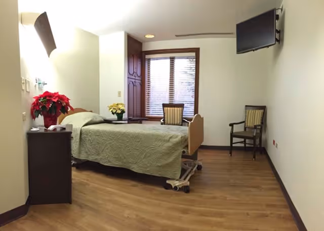 A single-occupancy patient bedroom with an adjustable bed, side table with plants, two chairs, a window with blinds, and a wall-mounted TV.