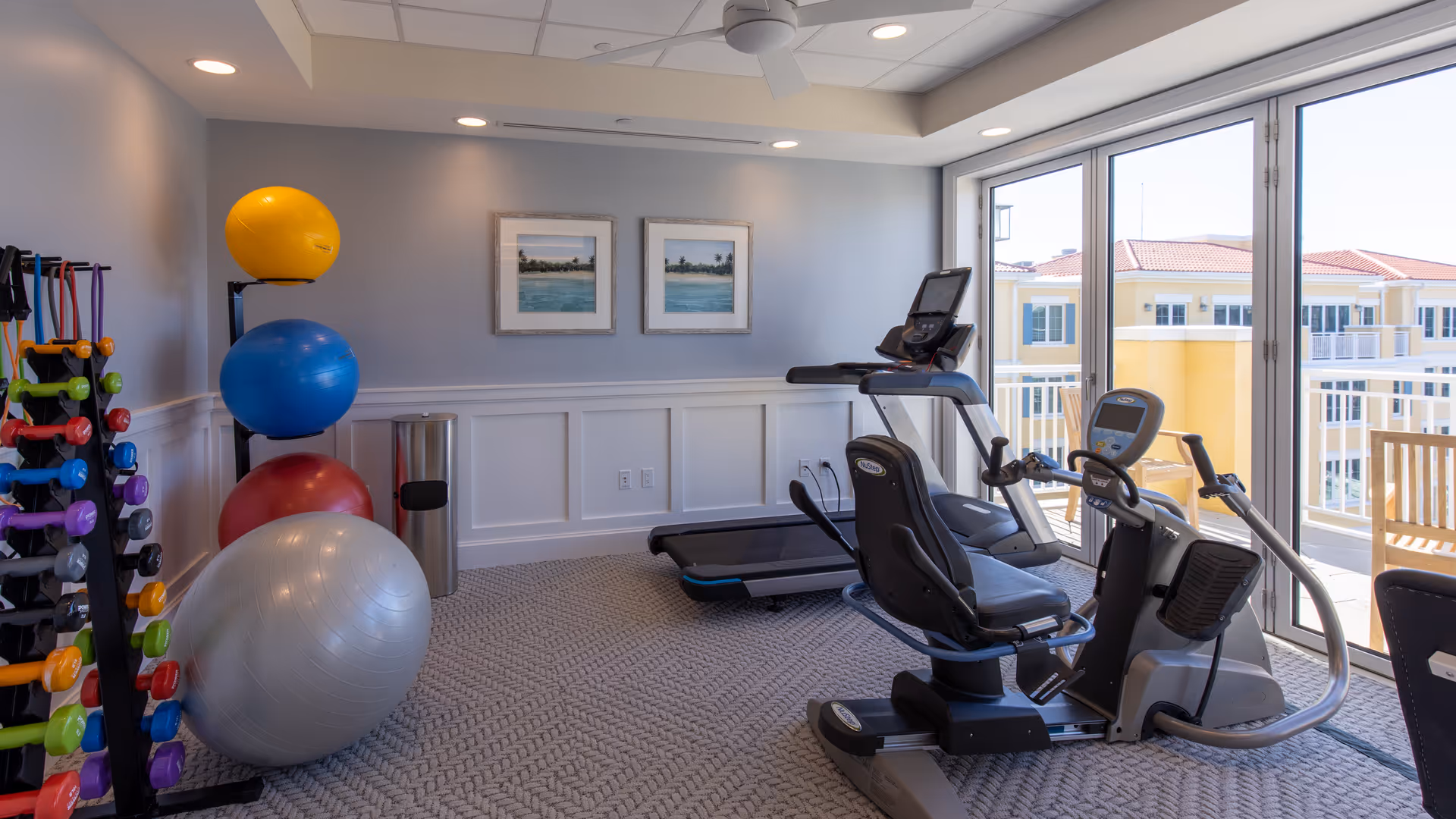 A small fitness room with exercise equipment including a treadmill, a recumbent bike, colorful dumbbells on a rack, and several large exercise balls. The room has light blue walls, two framed pictures, a ceiling fan, and large glass doors leading to an outdoor balcony with a view of neighboring buildings.