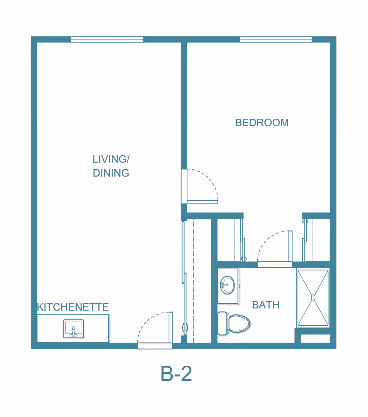Floor plan layout of a senior living unit labeled B-2, showing a living/dining area, kitchenette, bedroom, and bathroom with fixtures.