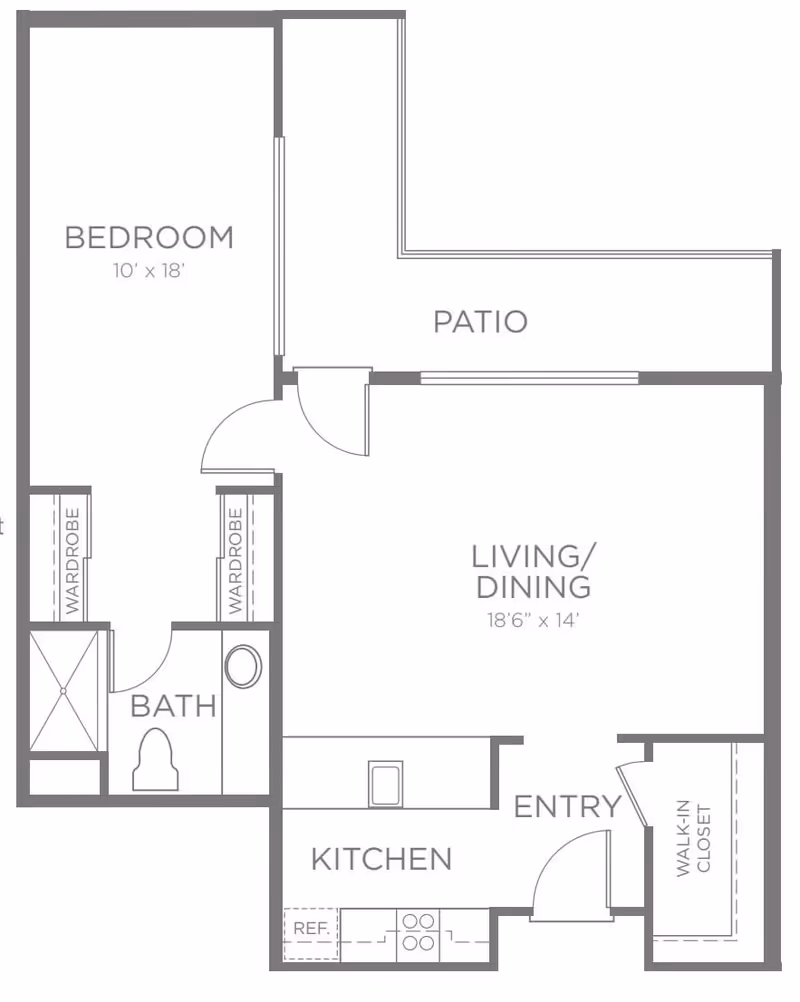 Floor plan layout of a living space at Byron Park showing a bedroom measuring 10 by 18 feet, a bathroom, a kitchen with refrigerator and stove, a living/dining area measuring 18 feet 6 inches by 14 feet, an entryway, a walk-in closet, and a patio.