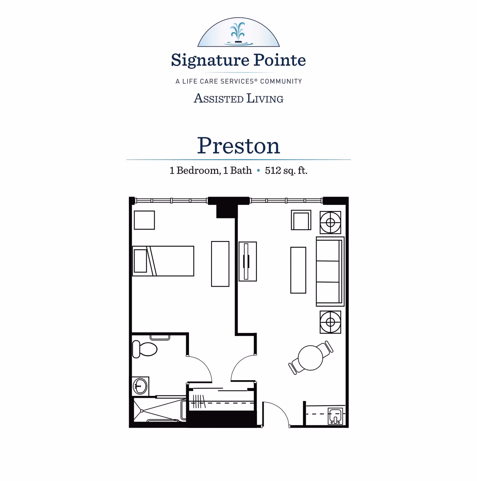 Floor plan of Preston unit at Signature Pointe Assisted Living, showing 1 bedroom, 1 bathroom, and a living area with furniture layout, totaling 512 square feet.