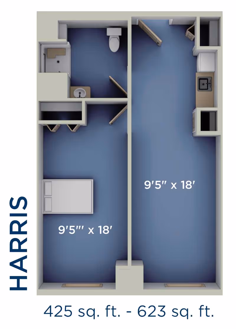 Top-down floor plan labeled Harris showing a bedroom, bathroom and kitchenette with dimensions 9'5" x 18' and total area 425 sq. ft. - 623 sq. ft.