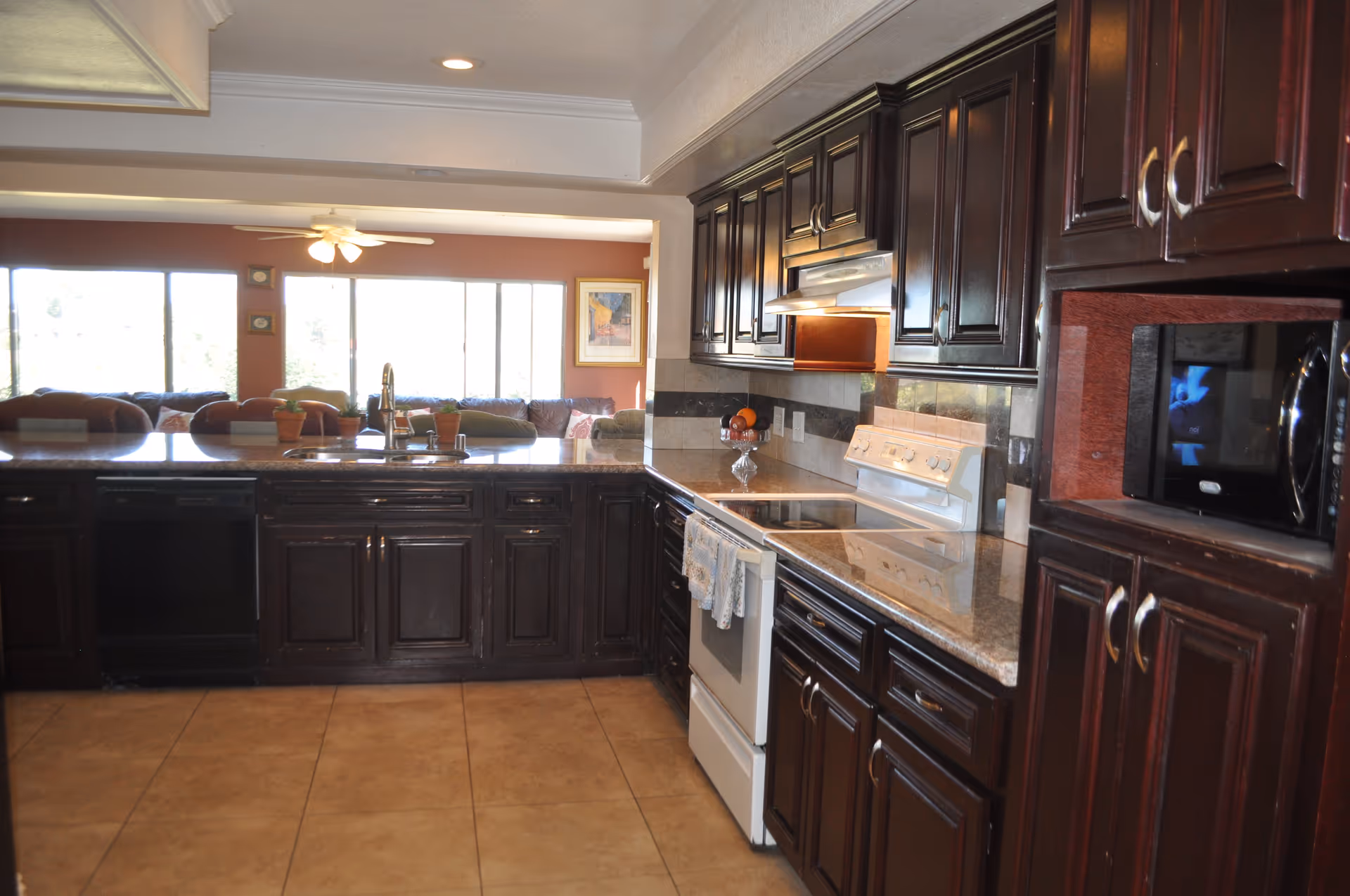 A kitchen with dark wooden cabinets, granite countertops, a white electric stove with a towel hanging on the handle, a microwave built into the cabinetry, and a sink facing an open living area with large windows and a ceiling fan.