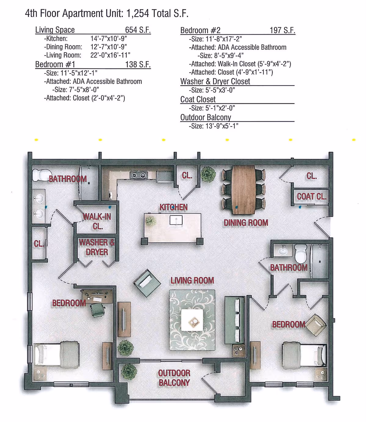 Floor plan of a 4th floor apartment unit at Saucon Valley Manor showing two bedrooms, two bathrooms, a kitchen, dining room, living room, washer and dryer closet, coat closet, walk-in closet, and an outdoor balcony. Dimensions and features of each room are labeled.