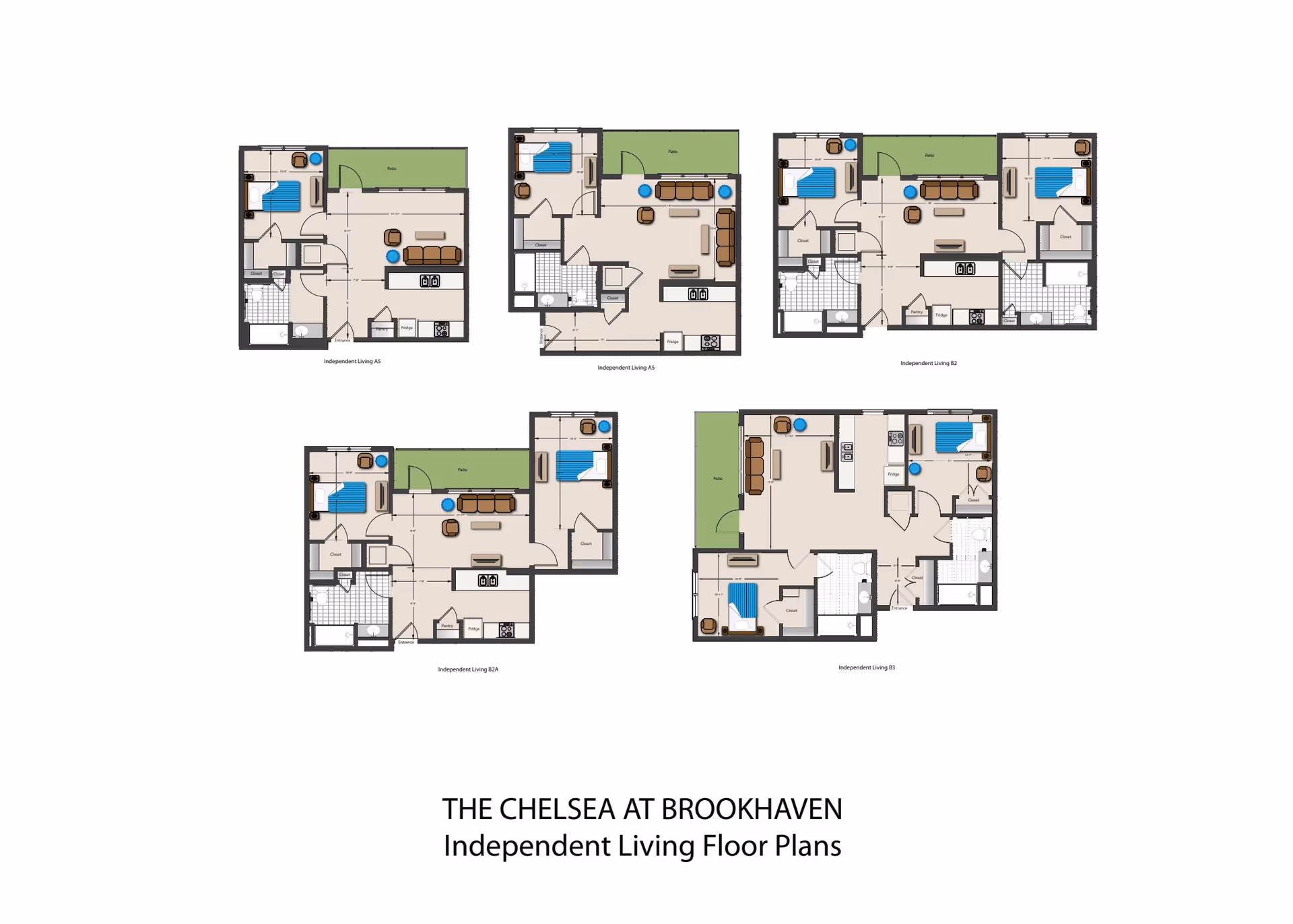 Floor plans for independent living units at The Chelsea at Brookhaven, showing layouts with bedrooms, living rooms, kitchens, bathrooms, and patios.