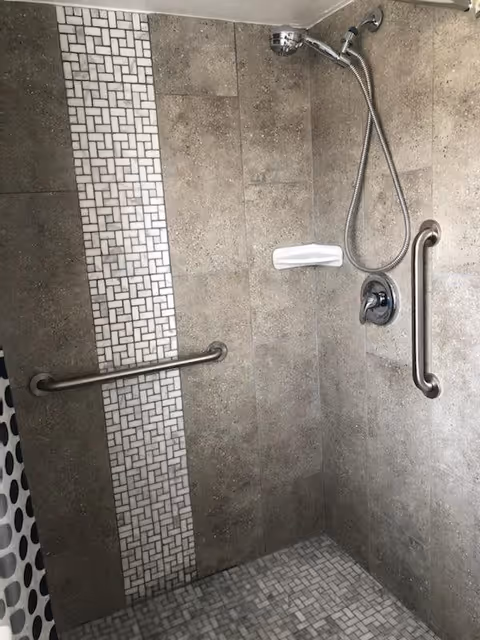 Shower area with beige and white mosaic tile accents, equipped with two stainless steel grab bars, a handheld showerhead, and a soap dish mounted on the wall.