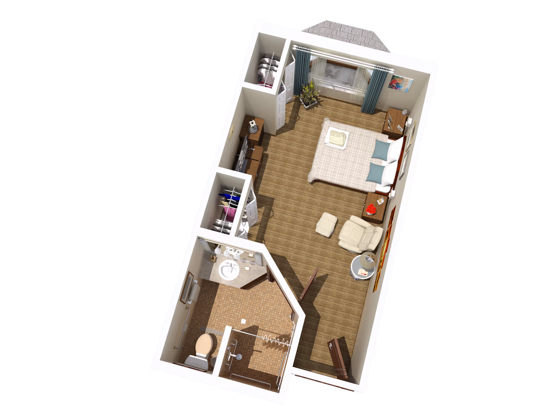 3D floor plan of a senior living apartment at Tessera of Brandon showing a bedroom with a bed, armchair, side tables, dresser, and a window with curtains. The apartment also includes a bathroom with a toilet, sink, and shower, and two closets with hanging clothes.