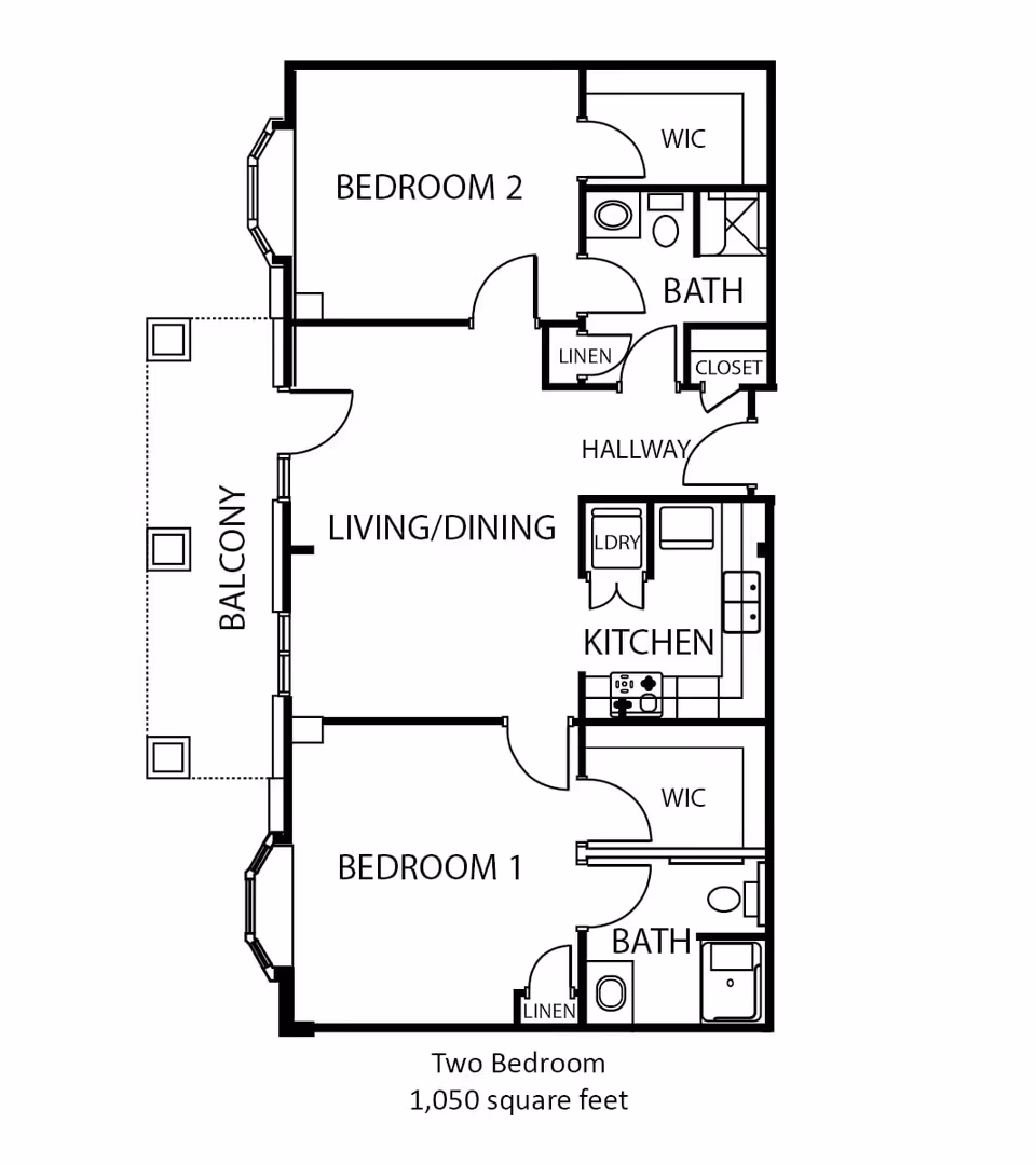 Floor plan of a two-bedroom apartment with 1,050 square feet. It includes Bedroom 1 and Bedroom 2, each with a walk-in closet (WIC) and access to a bathroom. The layout also features a combined living and dining area, a kitchen with laundry space, a hallway, and a balcony.