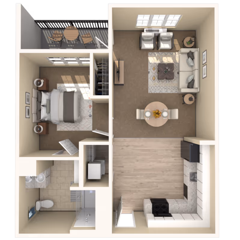 Top-down view of a one-bedroom senior living apartment layout featuring a bedroom with a bed and nightstands, a bathroom with a toilet, sink, and shower, a kitchen with appliances and countertops, a living room with a sofa, chairs, coffee table, and dining table set for two, and a small balcony with a table and two chairs.