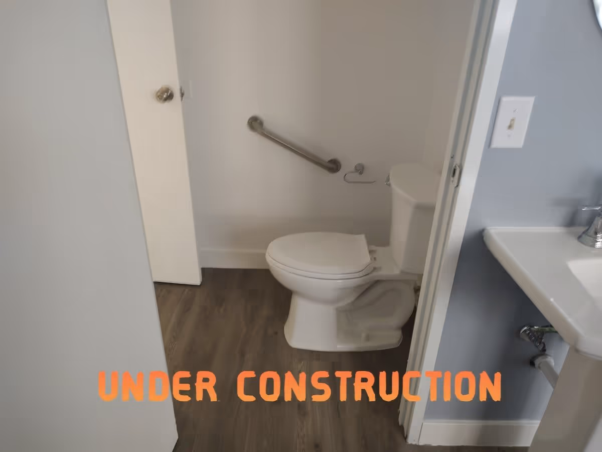 A small bathroom with a white toilet, a grab bar on the wall, a toilet paper holder without a roll, and a white sink with a faucet. The floor has wood-like flooring and the walls are painted white and light blue. The door is partially open.
