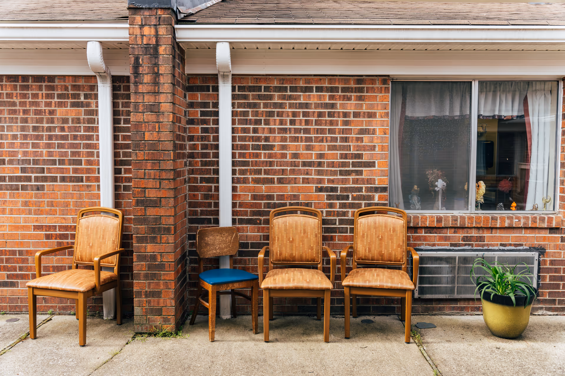 Four wooden chairs with padded seats and backs are arranged outside against a brick wall with a chimney and two white downspouts. There is a window with curtains and decorative items inside, and a green potted plant sits on the ground near an air conditioning unit beneath the window.
