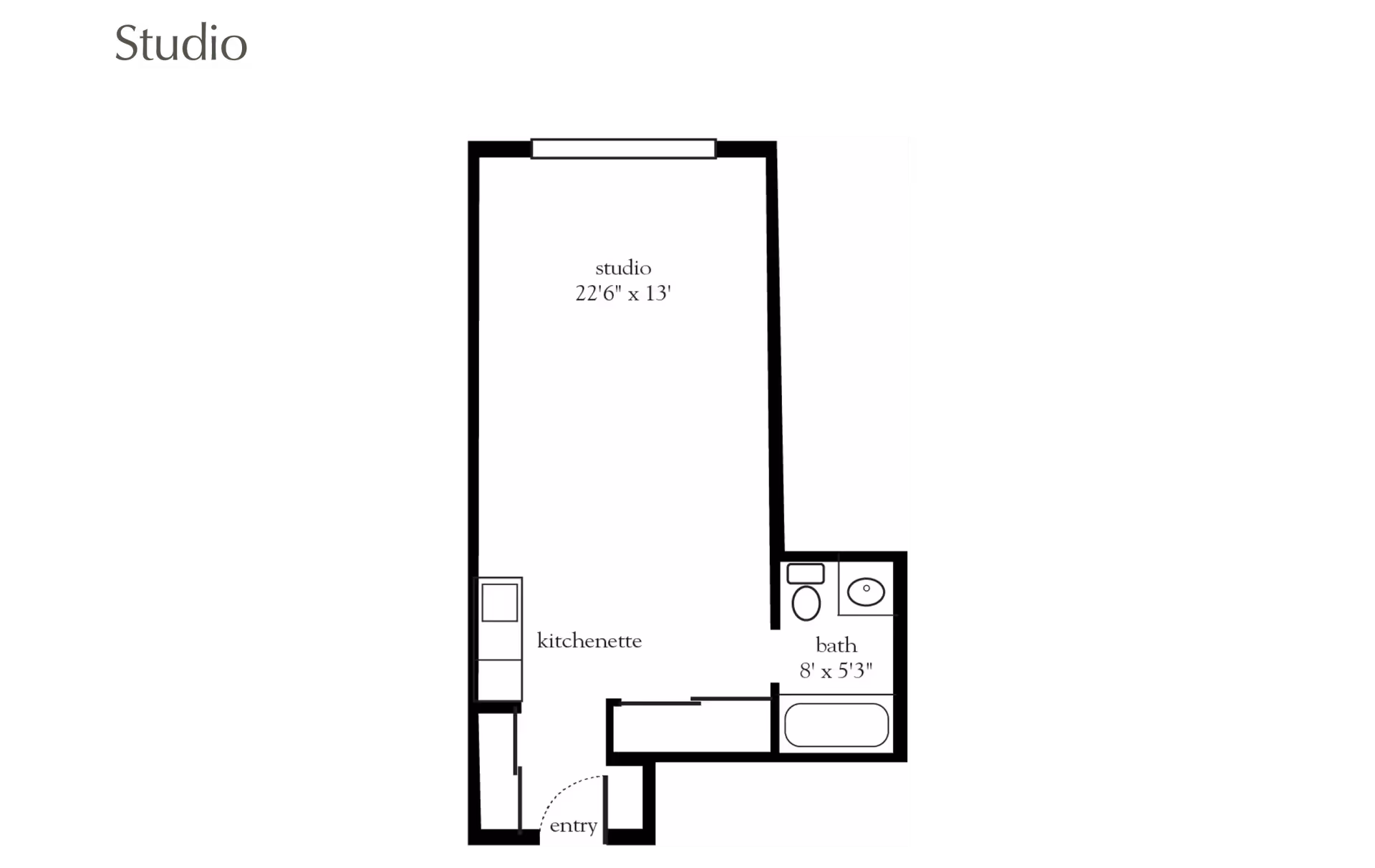Black-and-white floor plan of a studio apartment showing a main studio area, kitchenette, entry and a bathroom with dimensions.