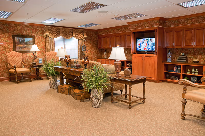 A cozy living room area with patterned wallpaper, carpeted floor, and wooden furniture including chairs, tables, and built-in shelves. There are two large potted plants on a wooden table in the center, lamps providing warm lighting, and a television mounted in a wooden cabinet showing a basketball game.