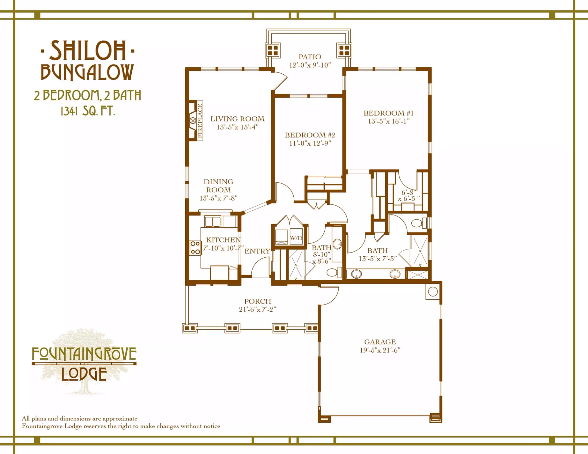 Floor plan of Shiloh Bungalow at Fountaingrove Lodge showing a 2 bedroom, 2 bath layout with a total area of 1341 square feet. The plan includes a living room with fireplace, dining room, kitchen, entry, porch, patio, two bedrooms, two bathrooms, a washer/dryer area, and a garage.