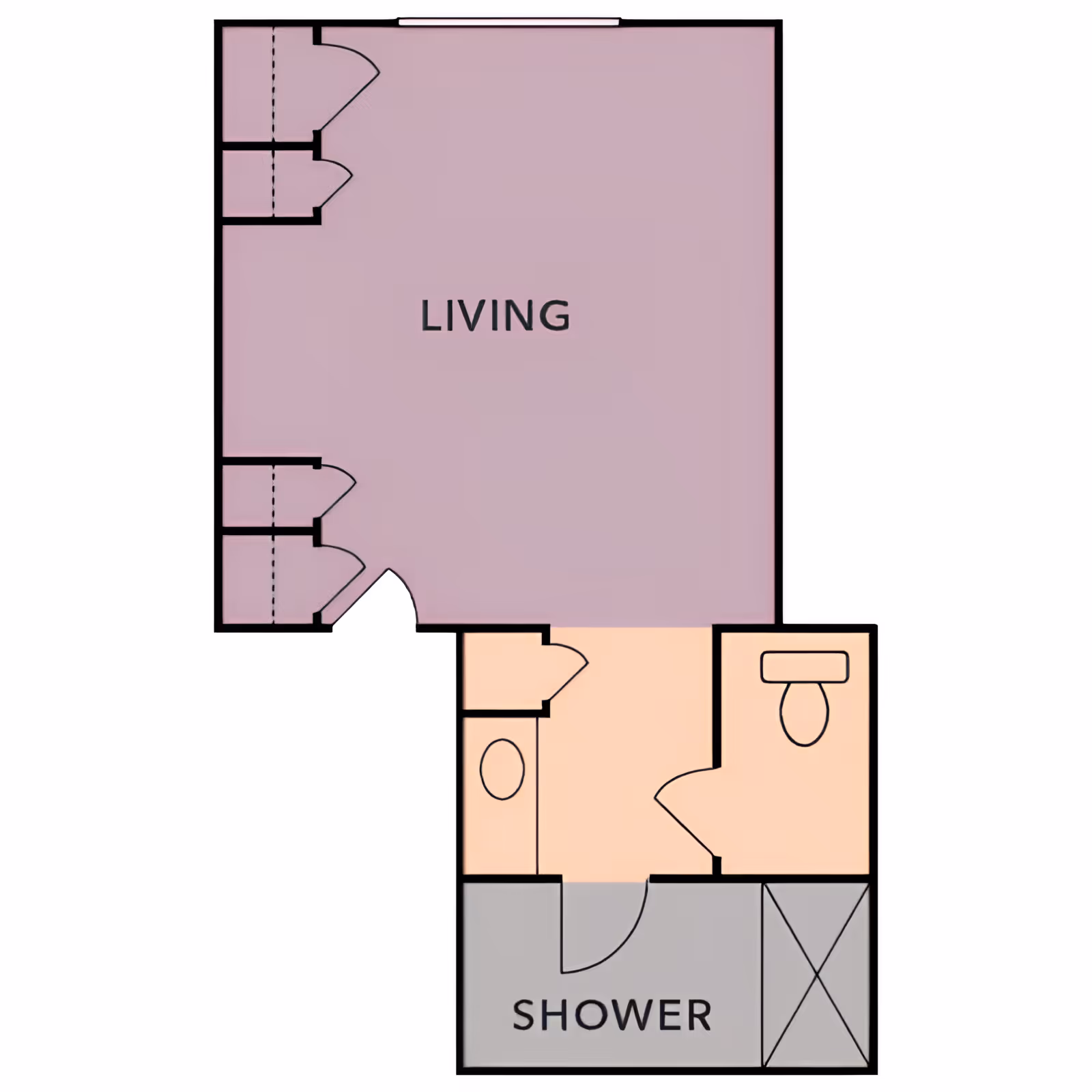 Floor plan showing a living area connected to a bathroom with a shower, toilet, and sink.