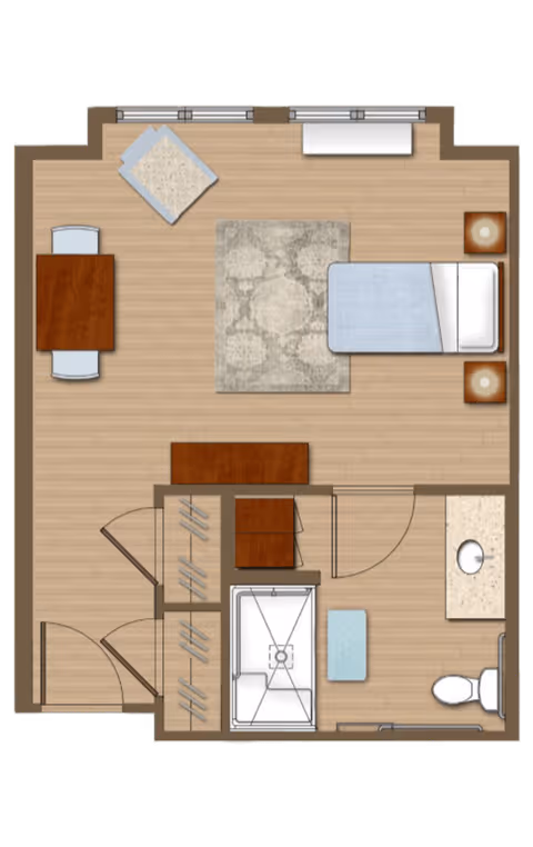 Floor plan of a studio apartment featuring a sleeping area with a bed and two nightstands, a living area with a chair and rug, a dining table with two chairs, a closet, and a bathroom with a shower, toilet, and sink.