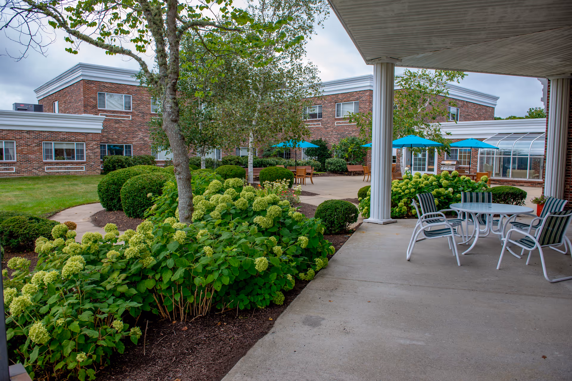 Covered patio with tables and chairs overlooking a landscaped courtyard with hydrangeas and a brick senior living building.