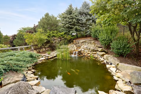 A serene outdoor pond surrounded by rocks and greenery, including bushes and trees. The pond has a small waterfall feature and some fish swimming in the water. The sky is clear with a few clouds.