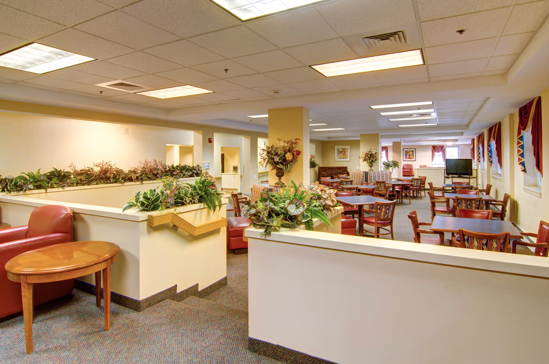 A spacious senior living common area with multiple wooden tables and chairs arranged for group seating. The room features beige walls, carpeted floors, and several potted plants on ledges and tables. There are red leather armchairs, framed artwork on the walls, and windows with red curtains. The ceiling has recessed lighting panels.